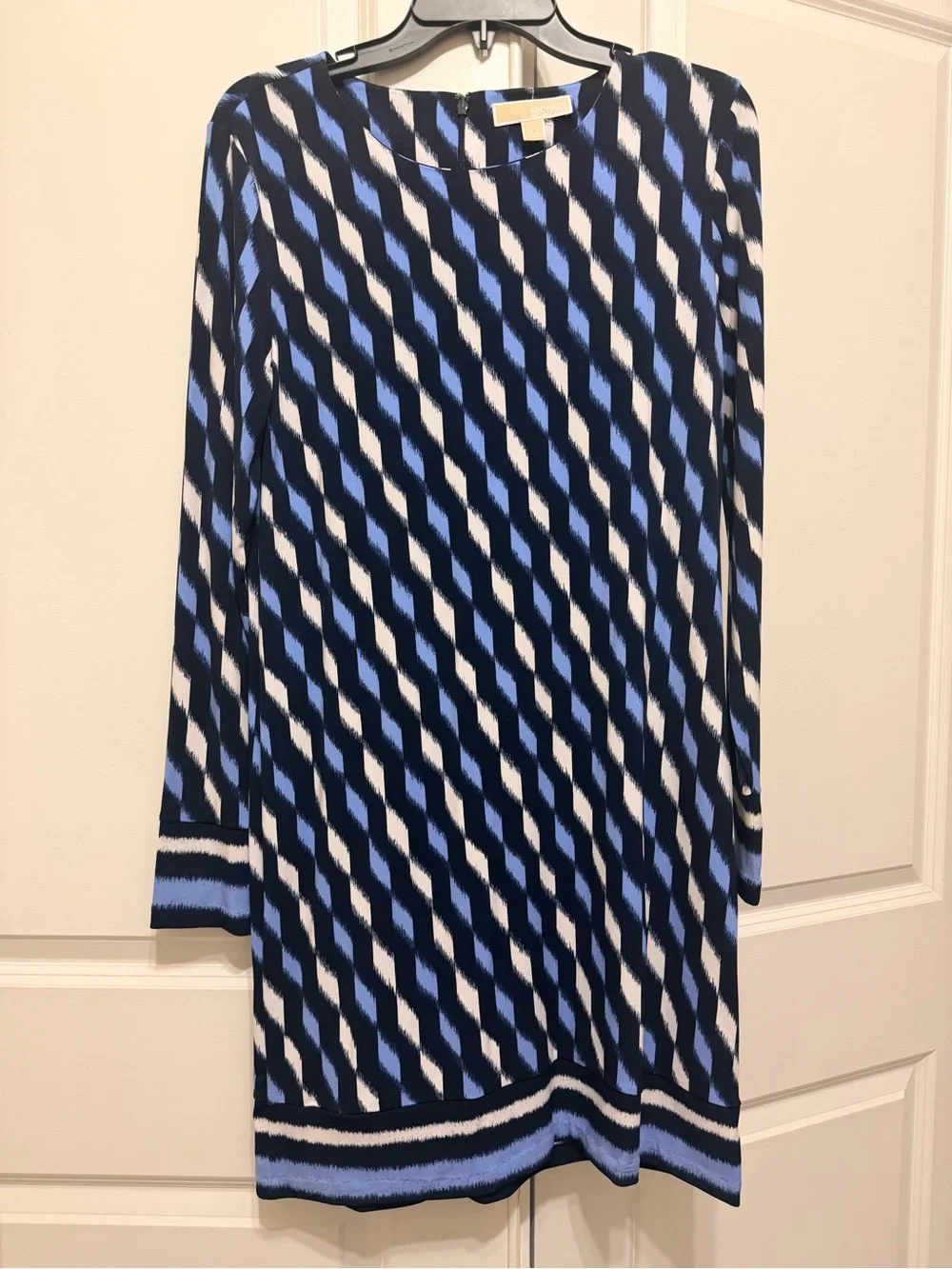 Michael Kors Blue, Navy and White Diagonal Pattern Dress